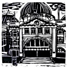 Lino Cut print by Kevin Stott, Year 9, Melbourne Rudolf Steiner School Student artwork of a black and white Flinders Street Station