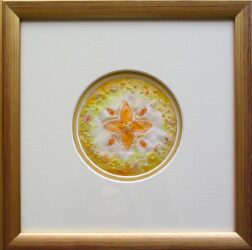 Hand embroidery with beading by Grace Coard, Year 8, Melbourne Rudolf Steiner School Student artwork of a beaded circle pattern