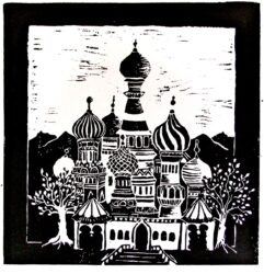 Lino cut print by Monique Villiger, Year 9, Melbourne Rudolf Steiner School Student artwork of a Russian church