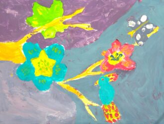 Acrylic on paper by Brandon Butler, Year 5, Maharishi School Student artwork of birds in a flowering tree