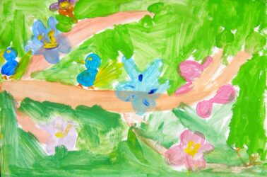 Acrylic on Paper by Supreeya Bullock, Year 2, Maharishi School Student artwork of birds in a flowering tree