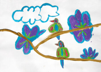 Acrylic on paper by Jameela Allison, Year 4, Maharishi School Student artwork of birds in a flowering tree