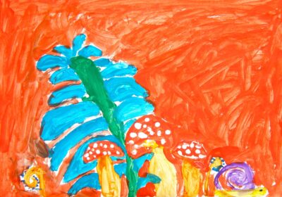 Acrylic on paper by Isabella Coates, Year 2, Maharishi School Student artwork of a fern and toadstools