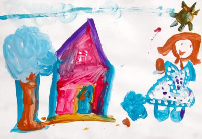 Acrylic on Paper by Porscha Marshall, Prep, Maharishi School Student artwork of a girl in front of a house and tree