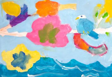Acrylic on Paper by Amy Stoltenberg, Year 1, Maharishi School Student artwork of birds in a flowering tree with an ocean