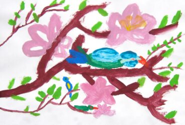 Acrylic on paper by Nicholas Skaliotis, Year 5, Maharishi School Student artwork of birds in a flowering tree