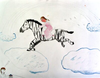 Student artwork of a girl riding a zebra in the clouds