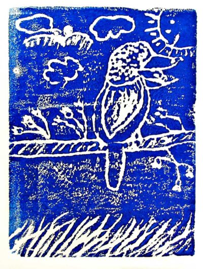 Linocut print by Larissa Davies, Year 1, Oxley College Student artwork of a kookaburra