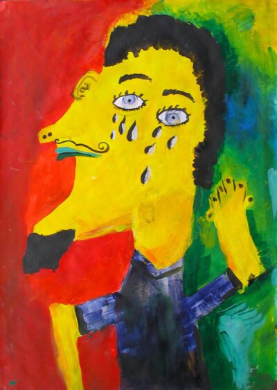 Acrylic on paper by Sally Wallace, Year 9, Oxley College Student artwork of a cubist style portrait