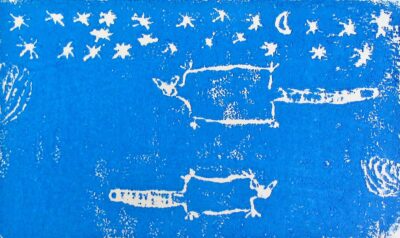 Lino cut print by Abby Wilson, Year 1, Oxley College Student artwork of sugar gliders in flight