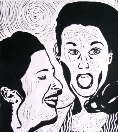 Student artwork of two girls with amused expressions