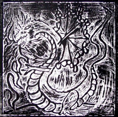 Lino cut print by Luke Kennedy, Year 7, Penleigh and Essendon Grammar Student artwork of a Chinese dragon