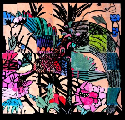 Oil pastel on paper by Year 8 students from Penleigh and Essendon Grammar Student artwork of an abstract bird of paradise