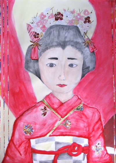 Paint and collage on paper by Charleen Lay, Year 10, Penleigh and Essendon Grammar Student artwork of a portrait of a lady