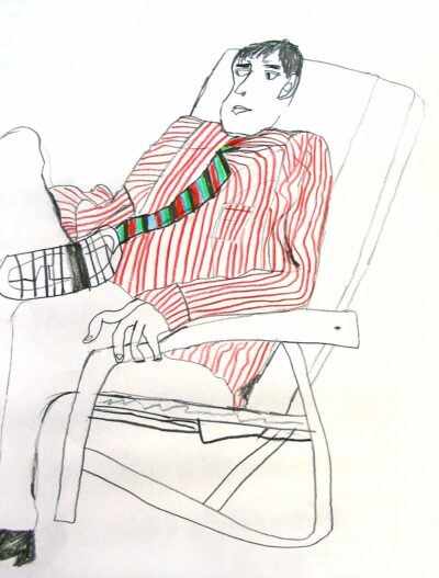 Greylead and coloured pencil on paper by Alec Leos, Year 4, Penleigh and Essendon Grammar Student artwork of a man sitting in a chair