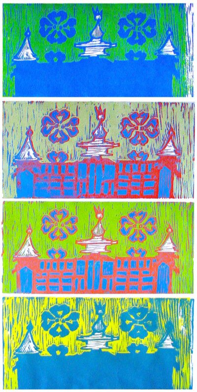 Lino cut print by Corey Inglis, Year 9, Penleigh and Essendon Grammar Student abstract artwork in colour