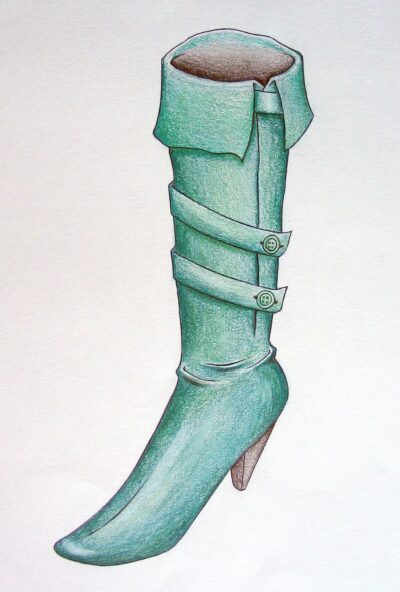 Fineliner and coloured pencil by Olivia Say, Year 10, Penleigh and Essendon Grammar Student artwork of a green boot