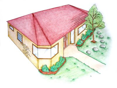 Fineliner and coloured pencil by Olivia Say, Year 10, Penleigh and Essendon Grammar Sent artwork of a two-point perspective house