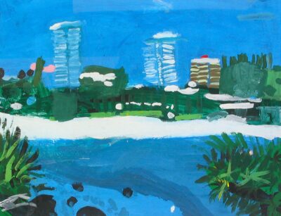 Acrylic on paper by Mary Martell, Rossbourne School Student artwork of a coastal landscape