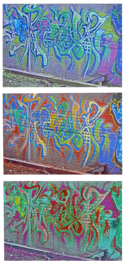 Photography by Phillippa Allen, Rossbourne School Student artwork triptych of graffiti on a wall
