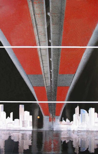 Screen print on paper by Jack Shelton, Year 11, St Leonard’s College Student artwork of a cityscape under a bridge