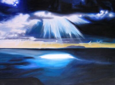 Acrylic on canvas by Nicholas Tegg, Year 11, St Leonard’s College Student artwork of a seascape with sunlight