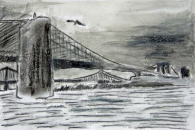 Student artwork of a bridge and seascape
