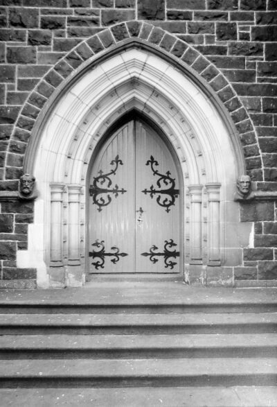 Student artwork of an ornate church door