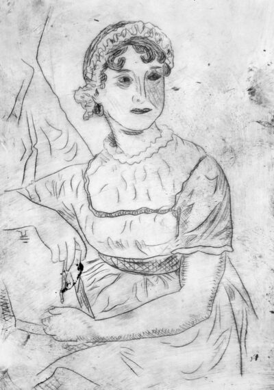 Etching on paper by Elliot Lynch, Year 11, Xavier College Student artwork portrait of Jane Austin