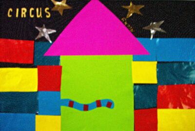 Collage on cardboard by Ricky, Cheshire School Student artwork of a circus tent