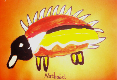 Acrylic on paper by Nathanial, Cheshire School Student artwork of an echidna