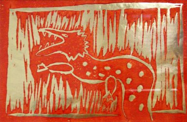 Lino cut print on paper by George Tselios, Year 7, Caulfield Grammar School Student artwork of a dragon