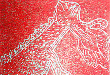 Lino cut print on silk by Alisha Vasudevan, Year 7, Caulfield Grammar School Student artwork of a dragon