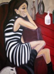 Acrylic on canvas by Camille Moir-Smith, Year 11, Korowa Anglican Girls' School Student artwork of a woman in profile with cat and interior