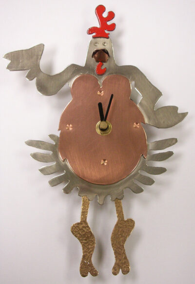 Student artwork of a metal clock in the shape of a chicken