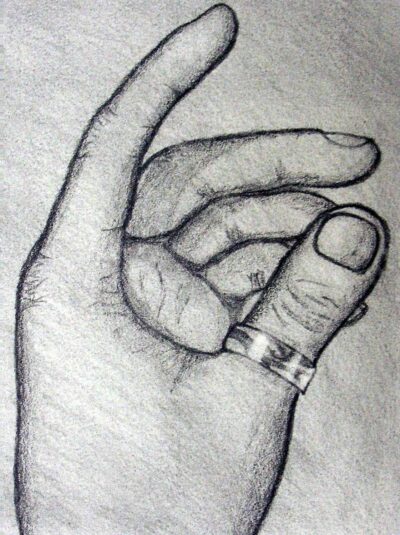 Graphite pencil on paper by Chris Pagonis, Year 11, Oakleigh Grammar Student artwork of a hand with a thumb ring
