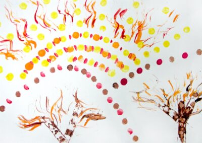 Acrylic on paper by Gabby Makris, Year 6, Oakleigh Grammar Student artwork of an Indigenous-inspired landscape