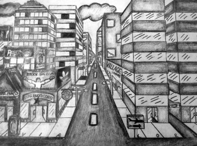 Graphite pencil on paper by Sylvia Korlos, Year 9, Oakleigh Grammar Student artwork of a cityscape
