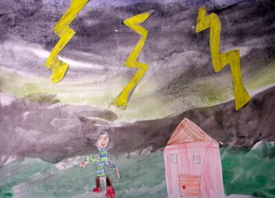 Watercolour on paper by Sophia Thomson, Year 1, Oakleigh Grammar Student artwork of a girl and house in stormy weather