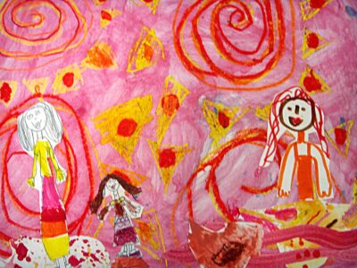 Watercolour on paper by Elaina Nikolakakis, Year 1, Oakleigh Grammar Student abstract artwork of people outside