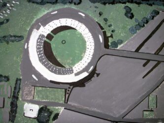 Acrylic on paper by Hamish Skey, Transition, Rossbourne School Student artwork of an aerial view of a building