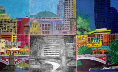 Mixed media on canvas panels by Luke Robson, Senior School, Rossbourne School Student artwork collage of a cityscape