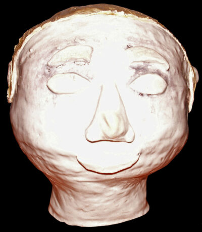 Glazed hand-built porcelain by Matthew Menzies, Senior School, Rossbourne School Student artwork of a ceramic head