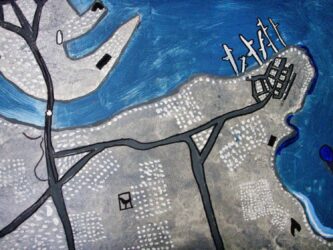 Acrylic on paper by Jesse Mills, Transition, Rossbourne School Student artwork of an aerial view of Williamstown