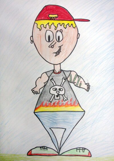 Colour pencil on paper by Ed Randall, Year 4, Scotch College Student artwork of a cartoon figure