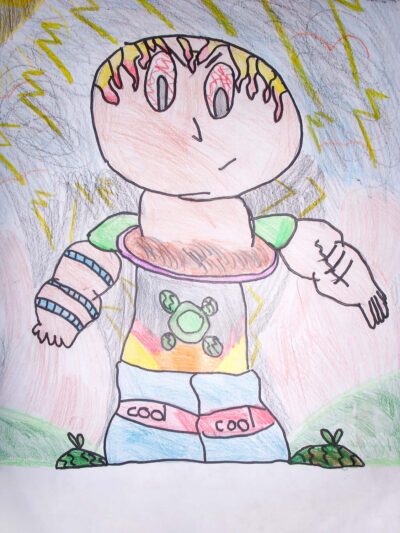 Colour pencil on paper by Jeremy Phillips, Year 4, Scotch College Student artwork of a cartoon figure
