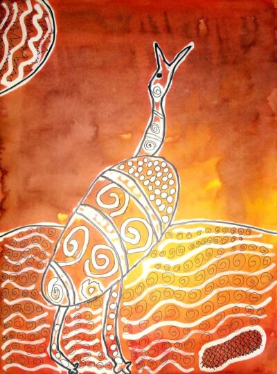 Dye and fibre tipped pen on paper by Jason Chan, Year 5, Scotch College Student artwork of an emu inspired by Indigenous art