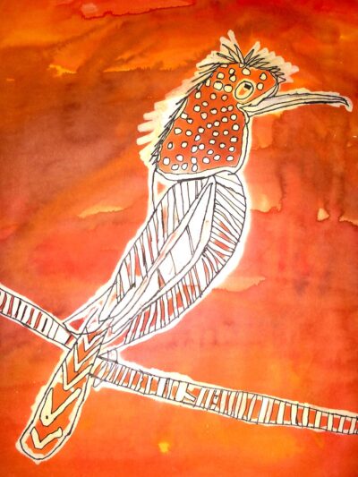 Dye and fibre tipped pen on paper by Nicholas Lockwood, Year 5, Scotch College Student artwork of a kingfisher inspired by Indigenous art