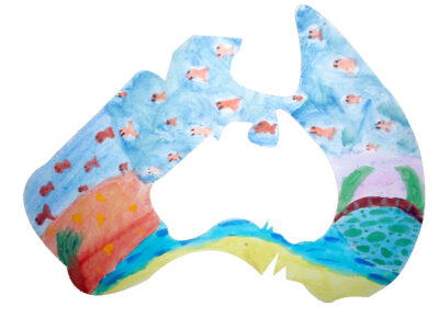 Watercolour on paper by Elie Loumer, Year 6 Student artwork of the shape of Australia