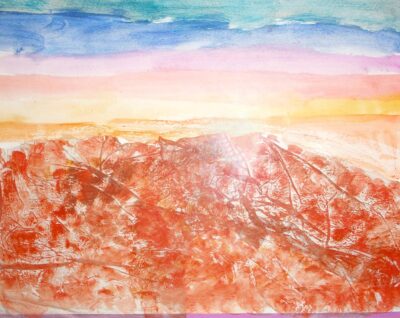 Watercolour and collage on paper by Zac Kates, Year 6 Student artwork of a landscape